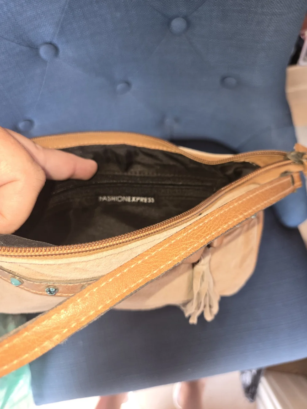 Vintage Fashion Express Tan Fringe Crossbody Bag with Turquoise Stud Accents